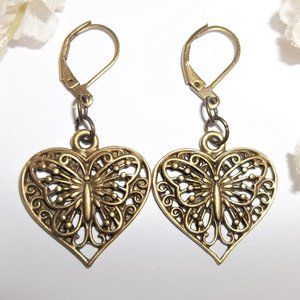 Earrings Bronze Heart Butterfly Dangle Drop Earrings Set Earring Boho NWT A176